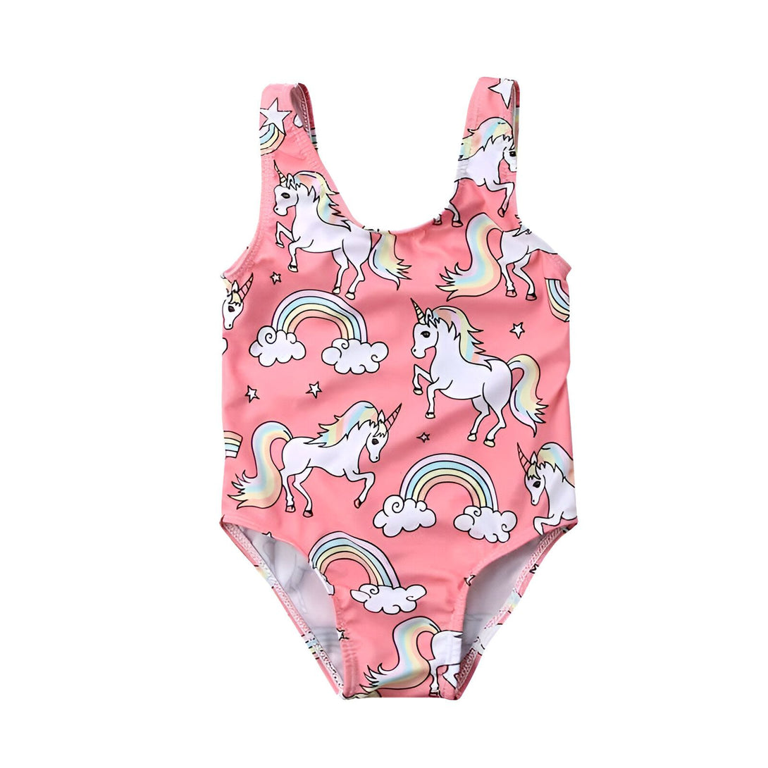 Maillot de bain rose pour enfant avec motif d'unicorne et d'arc-en-ciel. Vêtement d'été mignon pour petite fille, idéal pour la plage ou la piscine., 45501212426495 | Licorne Shop