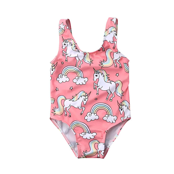 Maillot de bain rose pour enfant avec motif d'unicorne et d'arc-en-ciel. Vêtement d'été mignon pour petite fille, idéal pour la plage ou la piscine., 45501212426495 | Licorne Shop