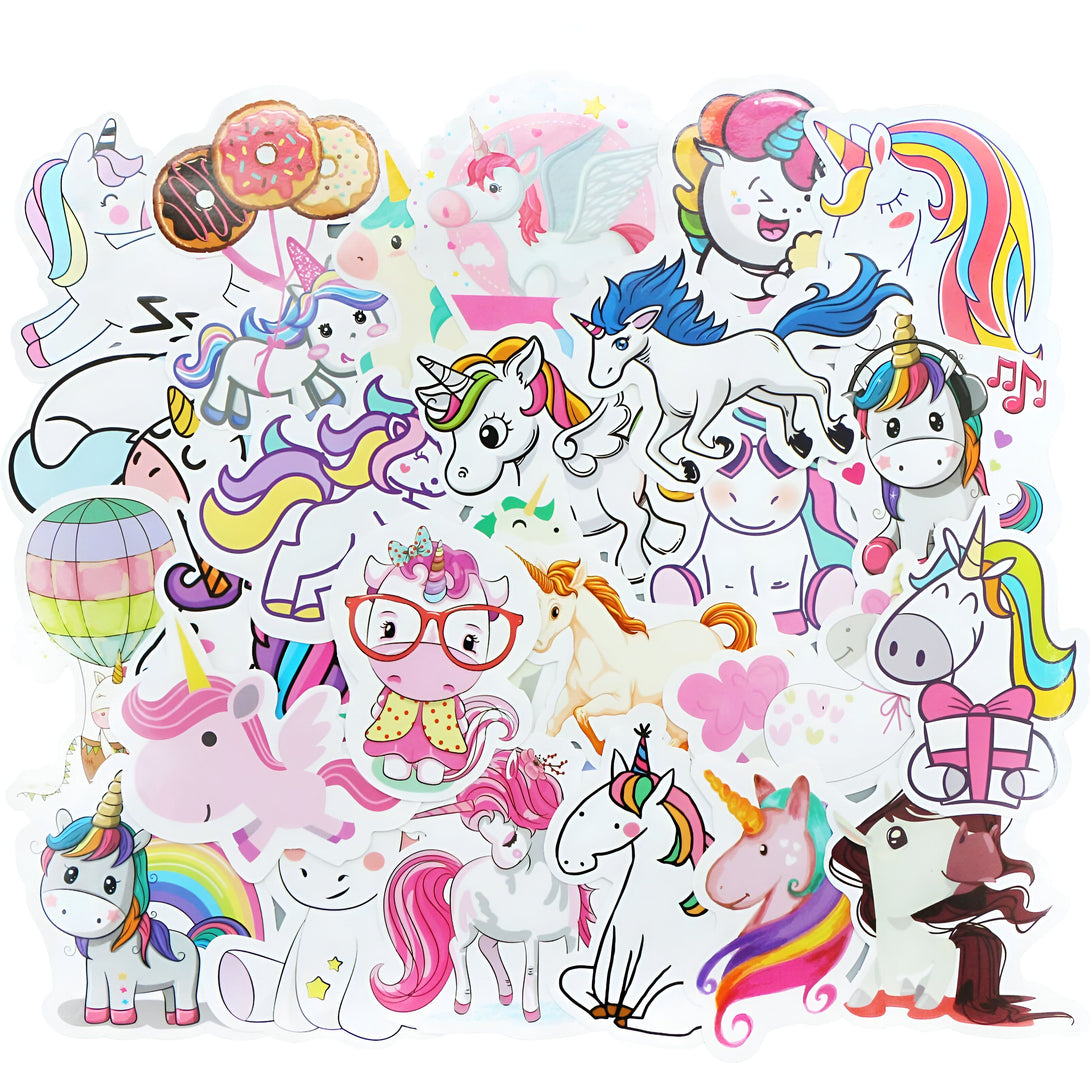 Autocollants d'unicorne colorés. Collection variée de dessins d'unicorne avec des crinières arc-en-ciel, des ailes, des donuts, des cadeaux et un dirigeable. Idéal pour décorer et personnaliser vos affaires., 45501134242047 | Licorne Shop