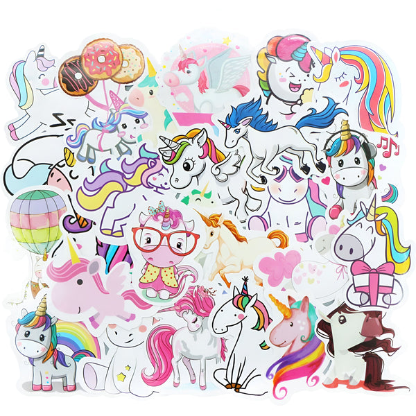 Autocollants d'unicorne colorés. Collection variée de dessins d'unicorne avec des crinières arc-en-ciel, des ailes, des donuts, des cadeaux et un dirigeable. Idéal pour décorer et personnaliser vos affaires., 45501134242047 | Licorne Shop