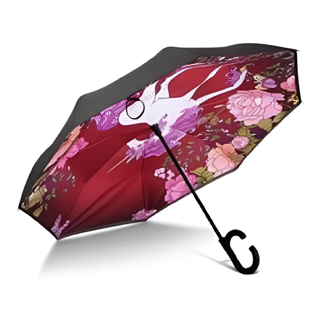 Parapluie inversé à motif floral et grue blanche, extérieur noir et intérieur rouge bordeaux, poignée en forme de C., 45501167239423 | Licorne Shop