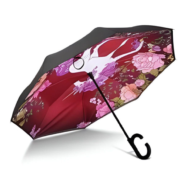 Parapluie inversé à motif floral et grue blanche, extérieur noir et intérieur rouge bordeaux, poignée en forme de C., 45501167239423 | Licorne Shop