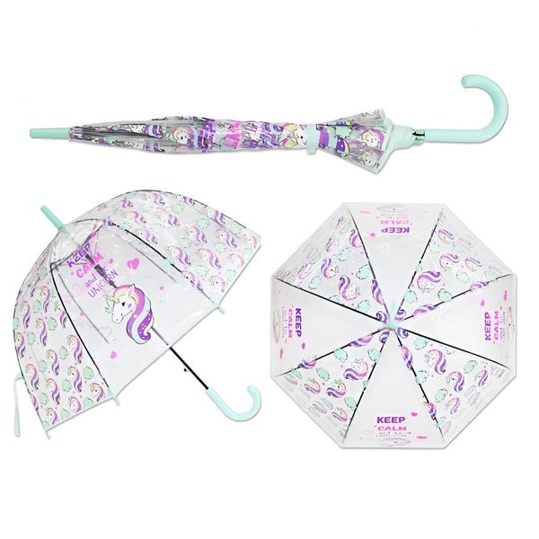 Parapluie transparent à motif licornes et message "Keep calm". Image présente le parapluie ouvert, fermé et vu de dessus. Accessoire de mode enfantine mignon et pratique., 45501167927551 | Licorne Shop