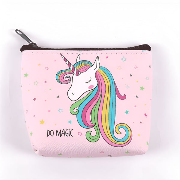 Porte-monnaie rose avec un dessin de licorne à crinière multicolore et l'inscription "DO MAGIC". Fermeture éclair sur le dessus., 45501171728639 | Licorne Shop