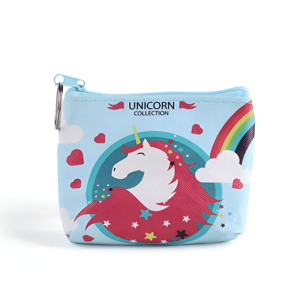 Porte-monnaie bleu clair avec un motif de licorne blanche à crinière rose, étoiles, cœurs et un arc-en-ciel. Fermeture à glissière bleue sur le dessus. Fait partie de la collection Licorne., 45501171466495 | Licorne Shop
