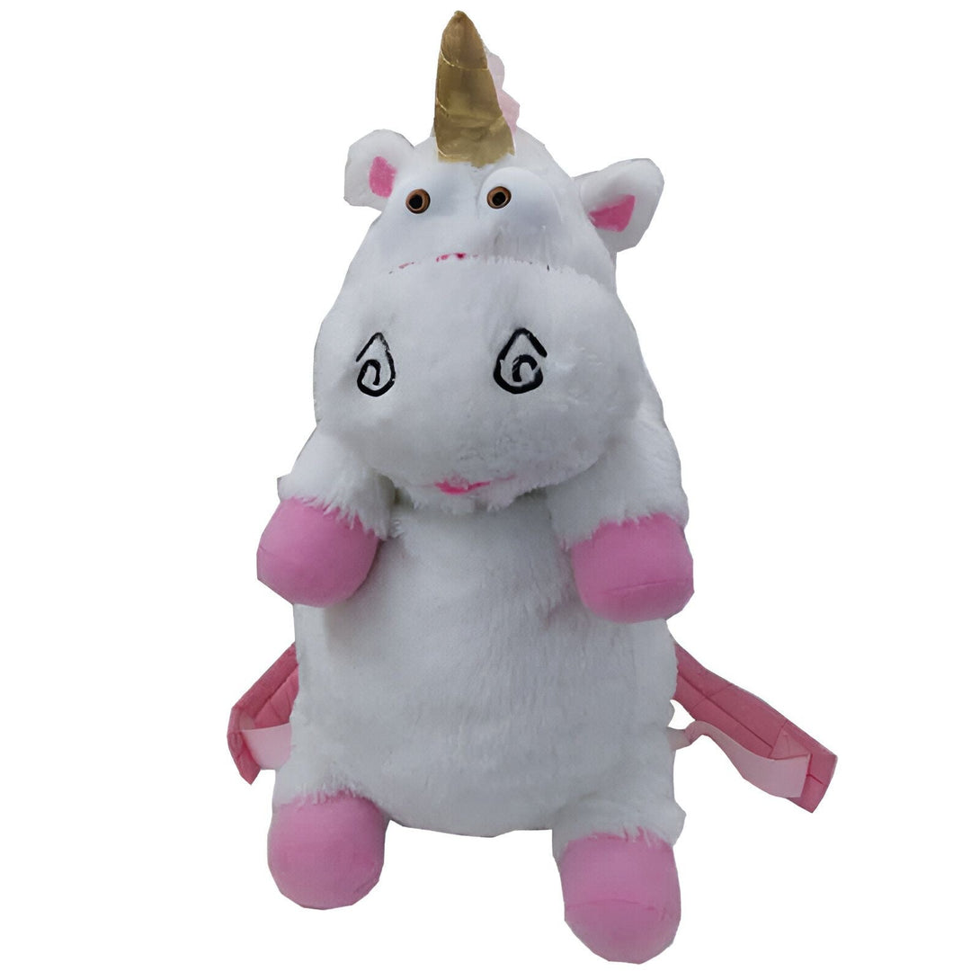 Sac à dos en forme de licorne en peluche blanche avec une corne dorée, des yeux ronds dessinés et des accents roses., 45501148954879 | Licorne Shop