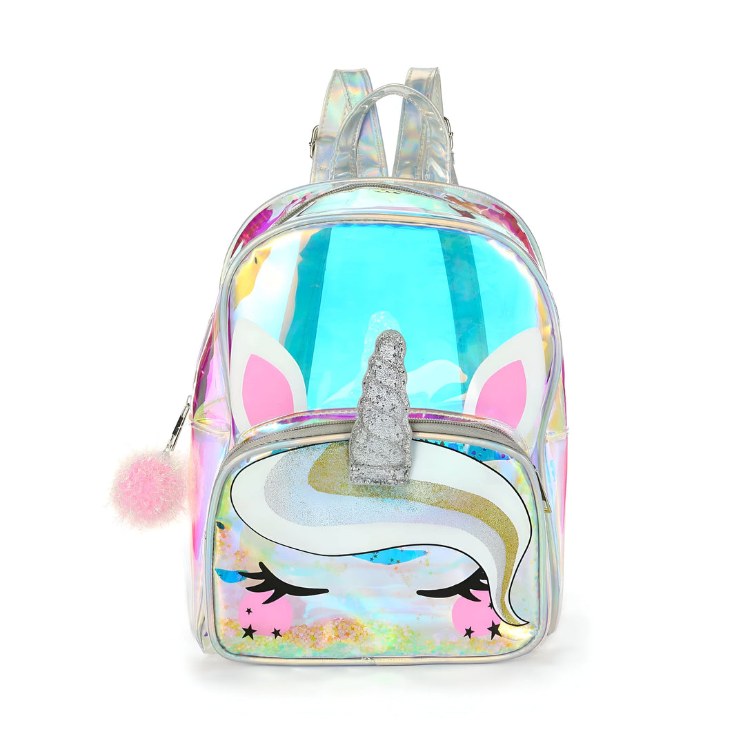 Sac à dos licorne holographique avec oreilles roses, corne argentée à paillettes et pompon rose. Accessoire tendance pour enfants, style kawaii, mode écolière., 45501145841919 | Licorne Shop