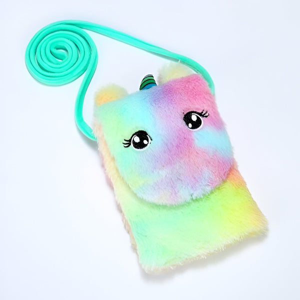 Sac à main pour enfants en forme de licorne arc-en-ciel avec bandoulière turquoise, idéal pour ranger de petits objets en toute fantaisie., 45501374726399 | Licorne Shop