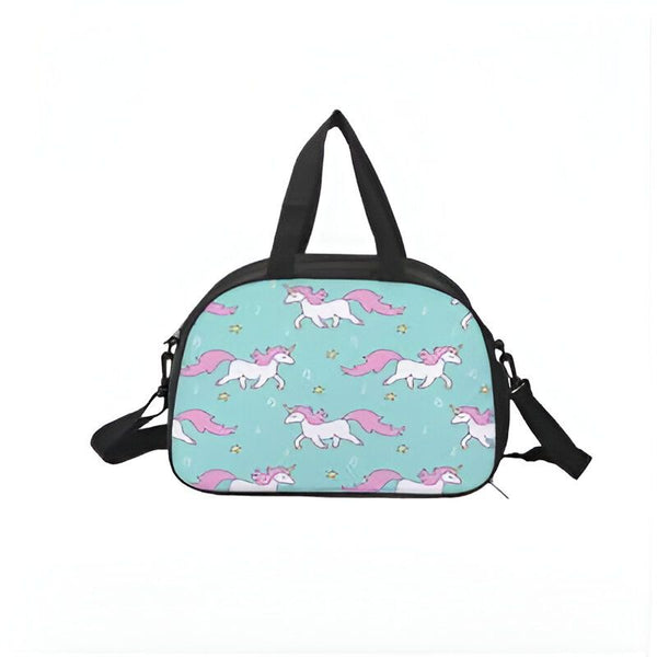 Sac de sport bleu avec motif de licornes roses et blanches, bandoulière et poignées noires., 45501326754047 | Licorne Shop