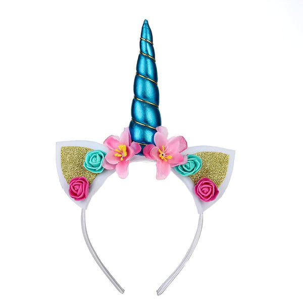Serre-tête licorne festif. Corne bleue brillante, oreilles dorées scintillantes, décoré de fleurs roses et vertes. Accessoire parfait pour une fête d'anniversaire thématique ou un carnaval., 45501336715519 | Licorne Shop