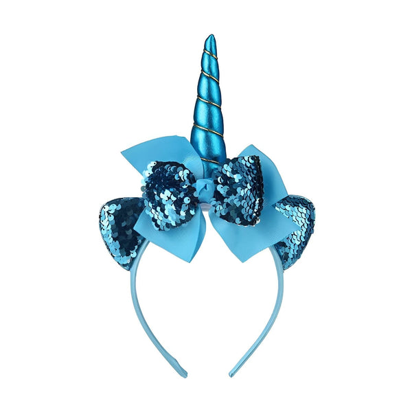 Serre-tête licorne bleu avec corne brillante, noeud en ruban et oreilles à sequins bleus. Accessoire de déguisement pour enfant, idéal pour les fêtes et les anniversaires., 45501333438719 | Licorne Shop