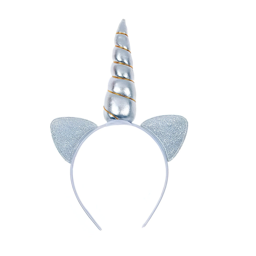 Serre-tête licorne argenté avec corne brillante et oreilles de chat. Accessoire de costume festif. Coiffe fantaisie pour fêtes et déguisements., 45501376561407 | Licorne Shop