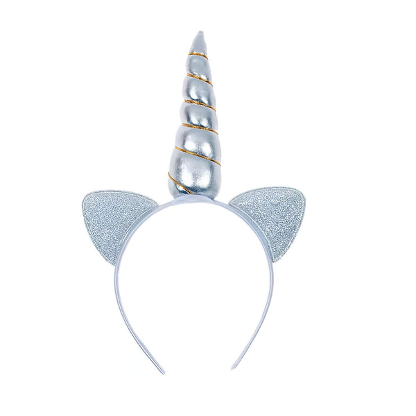 Serre-tête licorne argenté avec corne brillante et oreilles de chat. Accessoire de costume festif. Coiffe fantaisie pour fêtes et déguisements., 45501376561407 | Licorne Shop