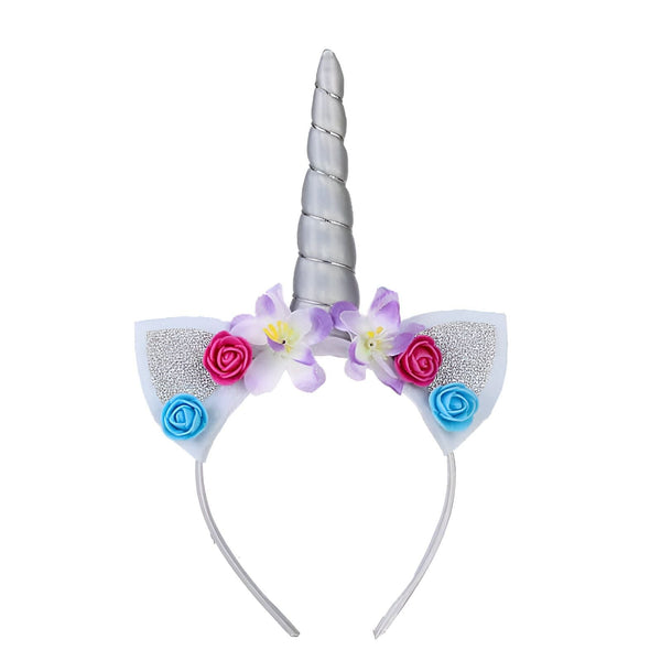 Serre-tête licorne avec une corne argentée torsadée, des oreilles blanches à paillettes et décoré de fleurs roses, bleues et violettes. Accessoire mignon et festif., 45501335142655 | Licorne Shop