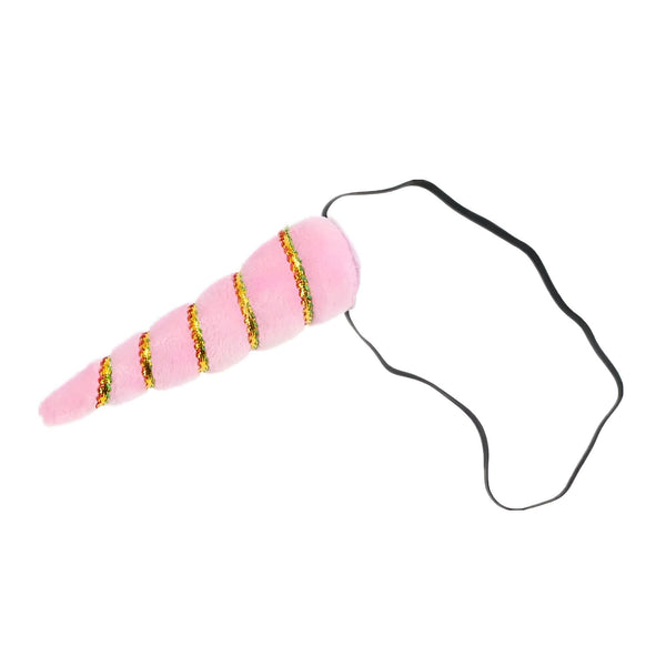 Serre-tête licorne rose avec corne en fausse fourrure, décorée de fils dorés scintillants. Accessoire de déguisement féérique., 45501376069887 | Licorne Shop