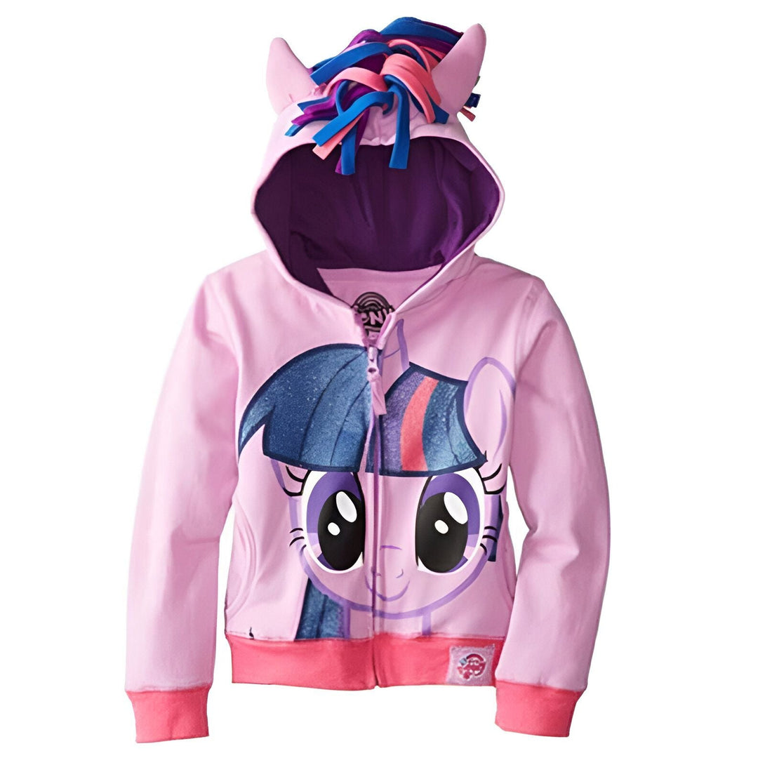 Veste à capuche rose pour enfant avec le personnage de Twilight Sparkle de My Little Pony sur le devant et des oreilles et une crinière sur la capuche. Fermeture éclair sur le devant. Intérieur de la capuche violet., 45501767614719,45501767647487,45501767680255,45501767713023,45501767745791,45501767778559,45501767811327,45501767844095 | Licorne Shop