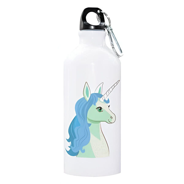 Gourde blanche avec une illustration d'une licorne bleue et verte. La gourde a un bouchon noir et un mousqueton en métal., 45501172449535 | Licorne Shop