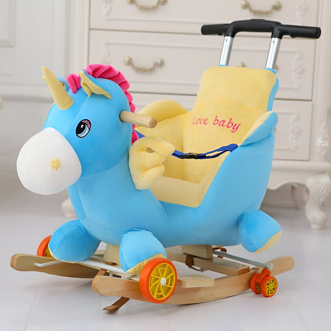 Cheval à bascule licorne bleu en peluche avec siège et poignée pour bébé, jouet d'enfant, structure en bois., 45501078470911 | Licorne Shop