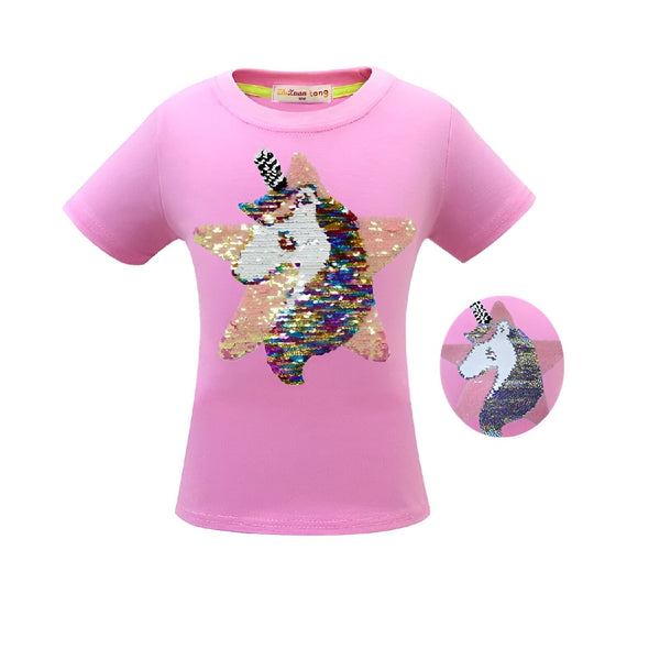 T-shirt rose pour enfant avec un motif de licorne à paillettes sur une étoile., 45502299472127,45502299504895,45502299570431,45502299603199,45502299668735,45502299701503,45502299734271,45502299799807 | Licorne Shop