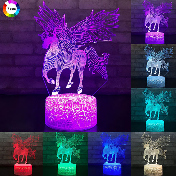 Lampe de chevet 3D à LED représentant un Pégase aux ailes déployées. Base lumineuse craquelée et changeant de couleur (7 couleurs disponibles). Idée cadeau originale pour enfant., 45501040165119 | Licorne Shop