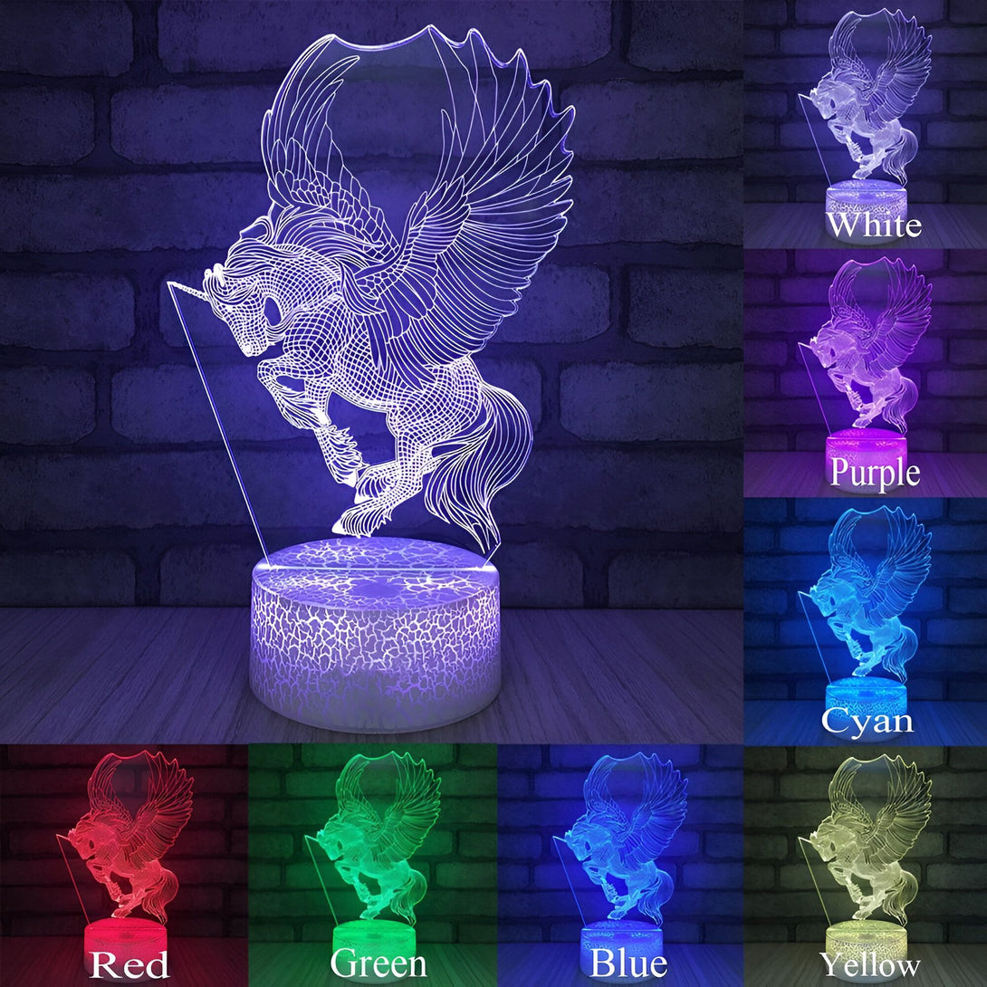 Lampe de chevet LED 3D en forme de Pégase avec différentes couleurs. Lampe illusion optique avec un cheval ailé, idéal pour les enfants et comme décoration de chambre., 45501037838591 | Licorne Shop