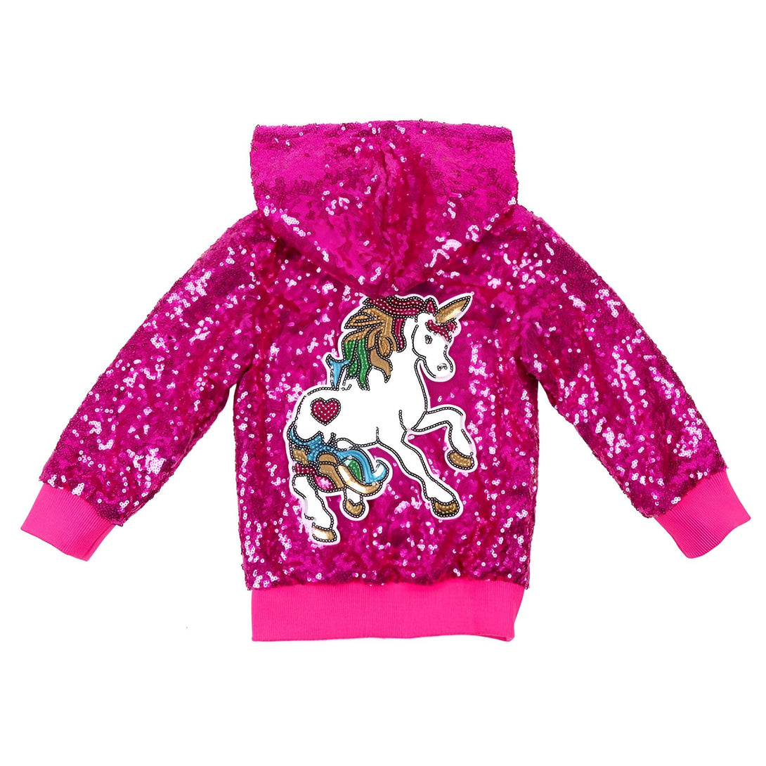 Veste à capuche rose à paillettes avec motif licorne brodé. Vêtement pour enfant, style tendance et brillant., 45501808181503,45501808214271,45501808247039,45501808279807,45501808312575,45501808345343,45501808378111,45501808410879 | Licorne Shop