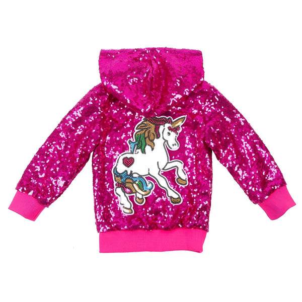 Veste à capuche rose à paillettes avec motif licorne brodé. Vêtement pour enfant, style tendance et brillant., 45501808181503,45501808214271,45501808247039,45501808279807,45501808312575,45501808345343,45501808378111,45501808410879 | Licorne Shop