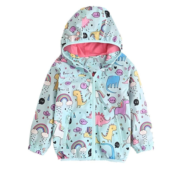 Veste pour enfant à capuche bleu clair avec motifs d'animaux fantastiques (licornes, dinosaures, nuages, arcs-en-ciel) et doublure intérieure rose. Idéale pour les jours de pluie., 45502385258751,45502385291519,45502385324287,45502385357055,45502385389823,45502385422591,45502385455359,45502385488127 | Licorne Shop