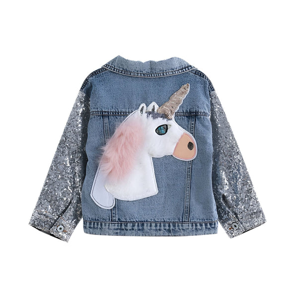 Veste en jean pour enfant avec manches à paillettes argentées et un motif d'une tête de licorne rose et blanche sur le dos. Vêtement original et tendance pour les filles., 45501809099007,45501809164543,45501809197311,45501809230079,45501809262847,45501809295615,45501809328383,45501809361151 | Licorne Shop