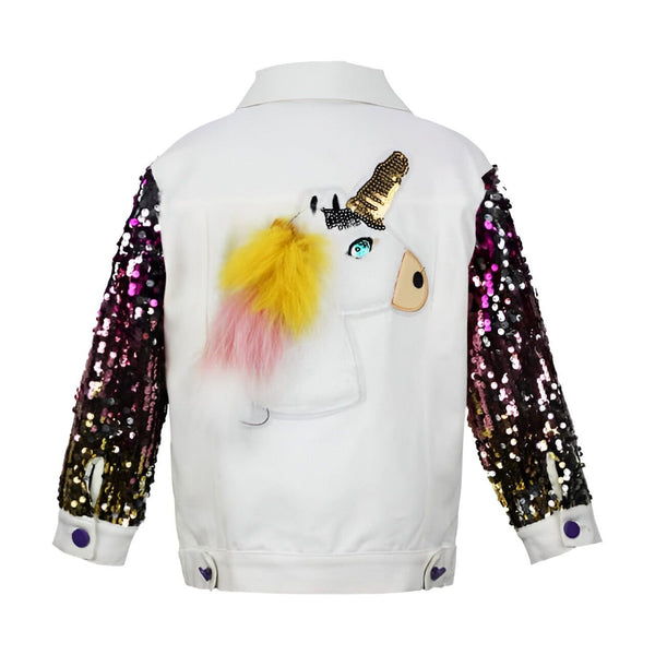 Veste blanche pour enfant avec manches à paillettes multicolores et motif licorne brodé dans le dos, crinière jaune et rose en fausse fourrure, corne dorée à paillettes., 45501802447103,45501802479871,45501802512639,45501802545407,45501802578175,45501802610943,45501802643711,45501802676479 | Licorne Shop