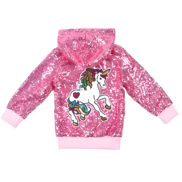 Sweat à capuche rose à paillettes avec un motif de licorne. Vêtement d'enfant scintillant et amusant. Mode enfantine originale et tendance. Idéal pour les petites filles qui aiment les paillettes et les licornes., 45502390501631,45502390534399,45502390567167,45502390599935,45502390632703,45502390665471,45502390698239,45502390731007 | Licorne Shop