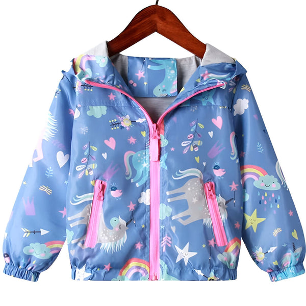 Veste imperméable pour enfant, motif licornes et arcs-en-ciel, fermeture éclair rose. Vêtement gai et coloré pour les jours de pluie., 45501820109055,45501820141823,45501820174591,45501820207359,45501820240127,45501820272895,45501820305663,45501820338431 | Licorne Shop