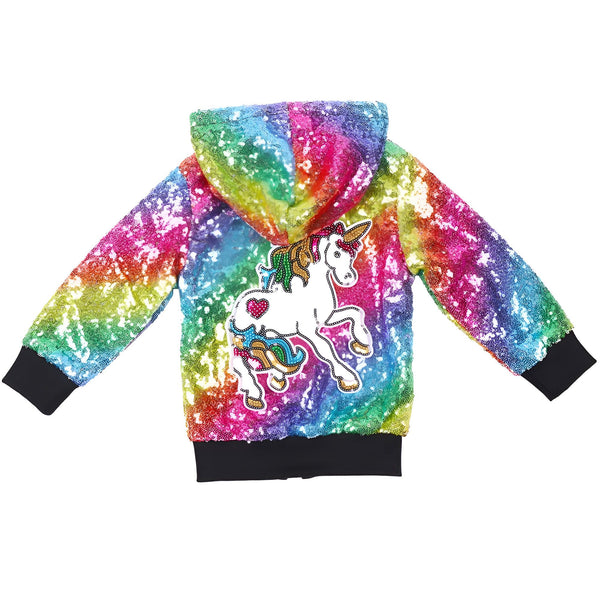 Veste à capuche pour enfants, décorée de paillettes arc-en-ciel et d'un motif de licorne. Vêtement d'extérieur festif et coloré pour les jeunes. Mode enfantine, style amusant et scintillant., 45502389879039,45502389911807,45502389944575,45502389977343,45502390010111,45502390042879,45502390075647,45502390108415 | Licorne Shop