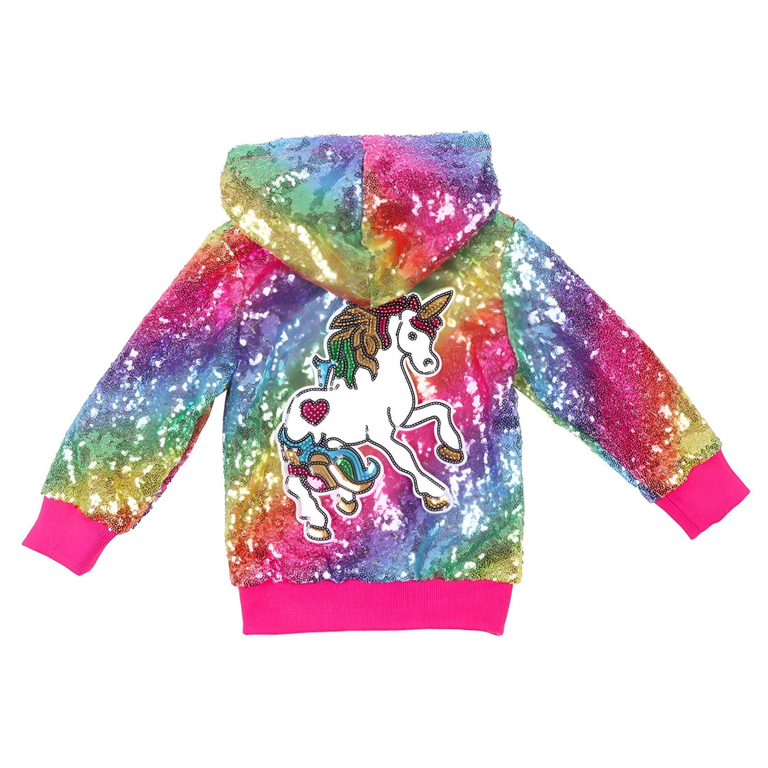 Veste à capuche pour enfant, à paillettes arc-en-ciel, avec motif d'une licorne blanche et des finitions roses., 45501837213951,45501837246719,45501837279487,45501837312255,45501837345023,45501837377791,45501837410559,45501837443327 | Licorne Shop