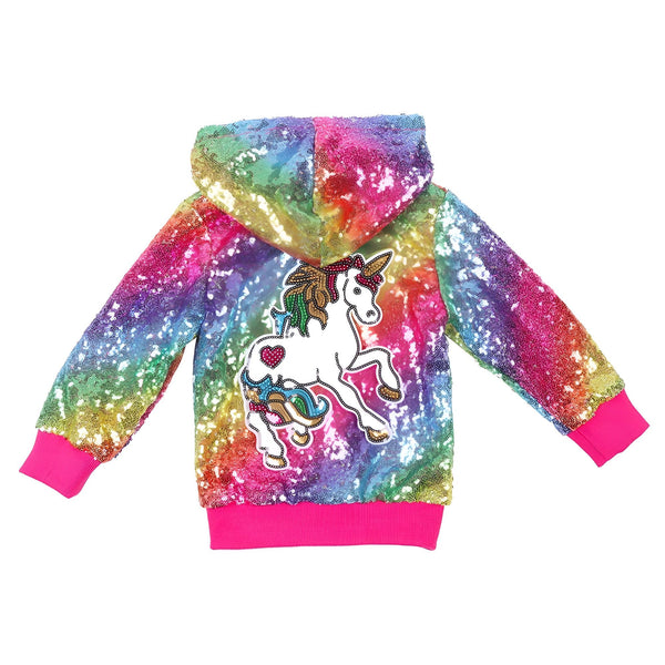 Veste à capuche pour enfant, à paillettes arc-en-ciel, avec motif d'une licorne blanche et des finitions roses., 45501837213951,45501837246719,45501837279487,45501837312255,45501837345023,45501837377791,45501837410559,45501837443327 | Licorne Shop
