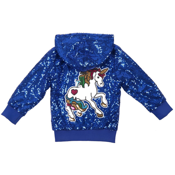 Veste à capuche bleue à paillettes avec un motif de licorne brodé dans le dos. Idéale pour les enfants, cette veste est à la fois amusante et brillante., 45501804216575,45501804249343,45501804282111,45501804314879,45501804347647,45501804380415,45501804413183,45501804445951 | Licorne Shop