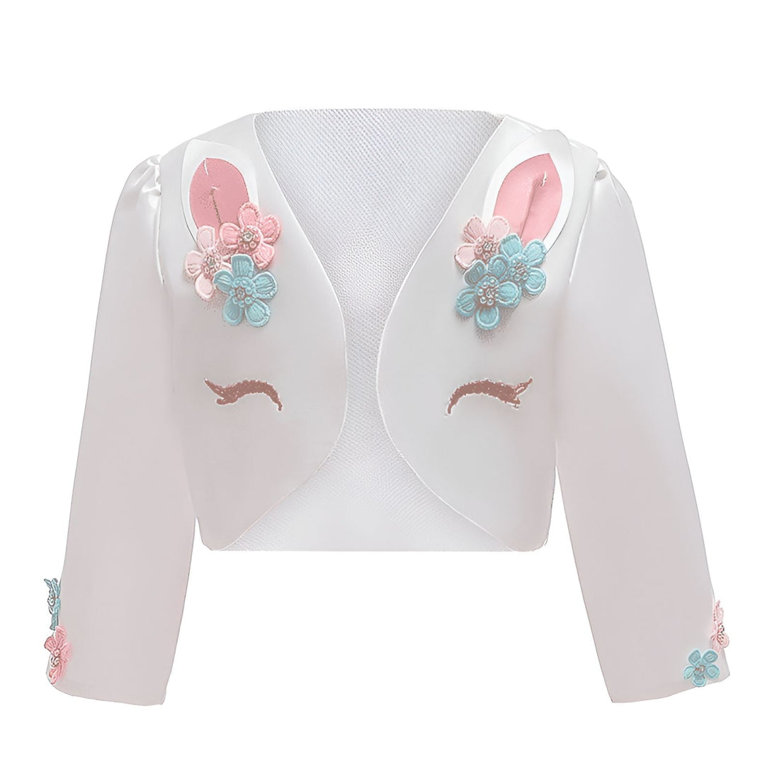 Veste blanche pour enfant décorée d'un motif de licorne avec des oreilles roses, des fleurs bleues et roses et des cils brodés, idéale pour les occasions spéciales ou comme vêtement de fête., 45501809524991,45501809557759,45501809590527,45501809623295,45501809656063,45501809688831,45501809721599,45501809754367 | Licorne Shop