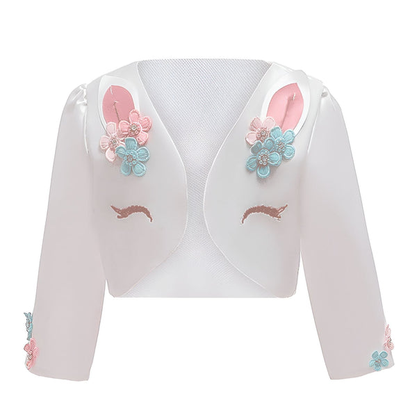 Veste blanche pour enfant décorée d'un motif de licorne avec des oreilles roses, des fleurs bleues et roses et des cils brodés, idéale pour les occasions spéciales ou comme vêtement de fête., 45501809524991,45501809557759,45501809590527,45501809623295,45501809656063,45501809688831,45501809721599,45501809754367 | Licorne Shop