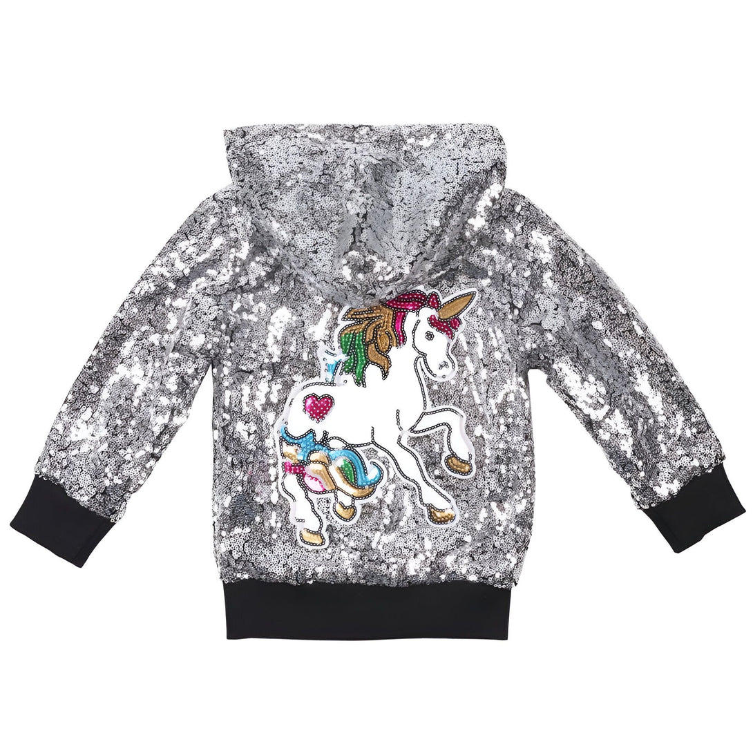 Sweat à capuche pour enfant argenté à paillettes avec motif licorne colorée. Vêtement tendance pour fille avec capuche. Style fun et brillant. Mode enfant originale., 45501839245567,45501839278335,45501839311103,45501839343871,45501839376639,45501839409407,45501839442175,45501839474943 | Licorne Shop
