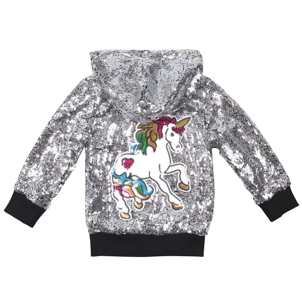 Sweat à capuche pour enfant argenté à paillettes avec motif licorne colorée. Vêtement tendance pour fille avec capuche. Style fun et brillant. Mode enfant originale., 45501839245567,45501839278335,45501839311103,45501839343871,45501839376639,45501839409407,45501839442175,45501839474943 | Licorne Shop