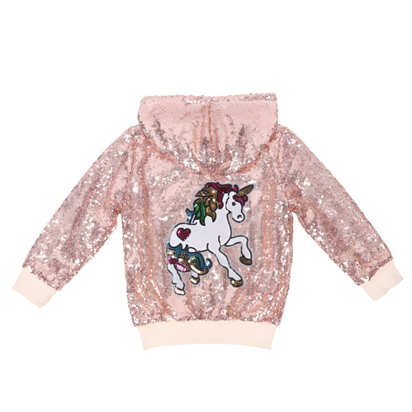 Veste à capuche rose à sequins avec un motif de licorne colorée. Vêtement d'enfant scintillant et tendance., 45501870211327,45501870375167,45501870473471,45501870506239,45501870539007,45501870571775,45501870604543,45501870637311 | Licorne Shop