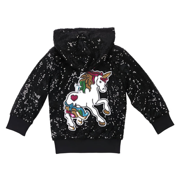 Veste à capuche noire à paillettes avec un motif de licorne fantaisiste et coloré, idéale pour les enfants. Mode enfantine brillante et amusante., 45501803004159,45501803036927,45501803069695,45501803102463,45501803135231,45501803167999,45501803200767,45501803233535 | Licorne Shop