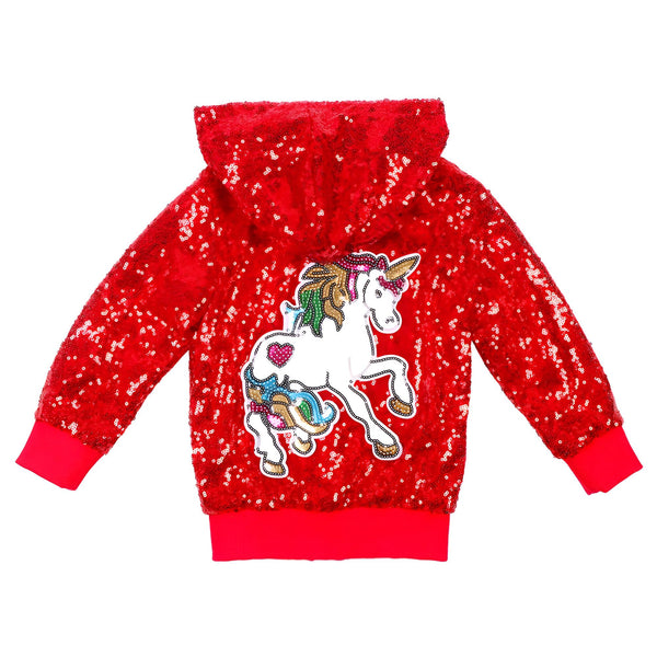Veste à capuche rouge à paillettes avec motif licorne, idéale pour les enfants. Confortable et étincelante, parfaite pour un look amusant et tendance. Style unique et accrocheur., 45502389616895,45502389649663,45502389682431,45502389715199,45502389747967,45502389780735,45502389813503,45502389846271 | Licorne Shop