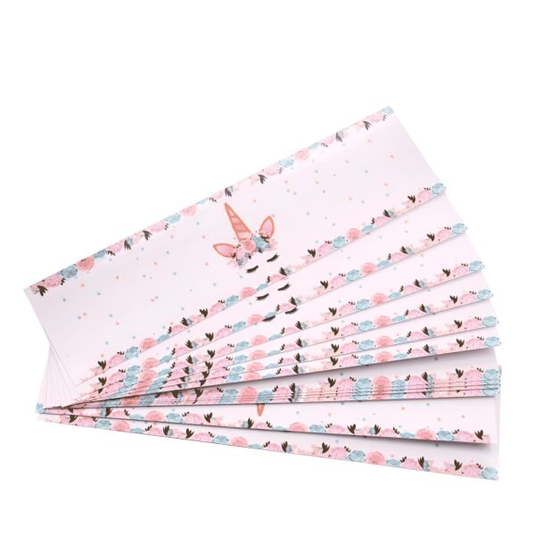 Ensemble de marque-places motif licorne, avec des fleurs roses et bleues. Décoration de table pour fête d'anniversaire, thème féérique., 45502407115007 | Licorne Shop