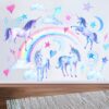 Illustration aquarelle de licornes, arc-en-ciel, étoiles, nuages et cœurs. Décoration murale pour chambre d'enfant, ambiance féérique et douce. Couleurs pastel, bleu, rose, violet. Rêve, magie, conte de fées., 45501135028479 | Licorne Shop
