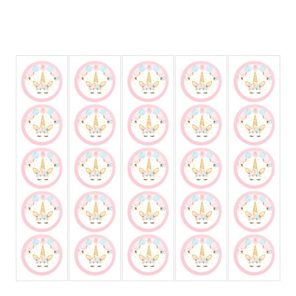 Feuille d'étiquettes rondes avec motif de tête de licorne dorée et fleurs roses et bleues sur fond blanc, bordure rose. Idéal pour décorer des cadeaux ou des gâteaux., 45501361422591 | Licorne Shop