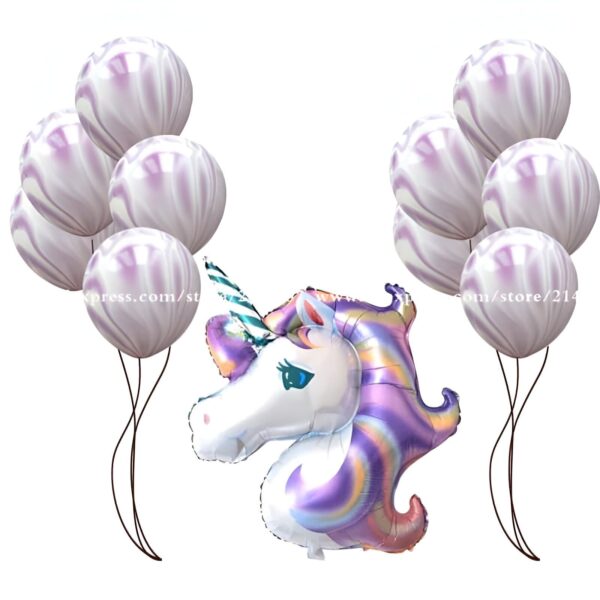 Ballons décoratifs pour une fête d'anniversaire : ballons marbrés violets et un ballon en forme de tête de licorne aux couleurs arc-en-ciel. Décoration festive pour enfants., 45501110518015 | Licorne Shop