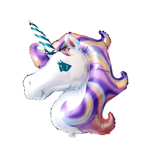 ballon-licorne-decoration-fete-1a.jpg Ballon gonflable en forme de tête de licorne, avec une corne rayée bleue et blanche et une crinière aux couleurs de l'arc-en-ciel (violet, jaune, orange, rouge). Idéal pour une fête d'anniversaire féerique., 45501110255871 | Licorne Shop