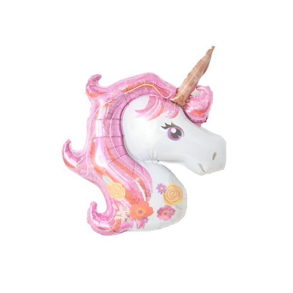 Ballon en forme de tête de licorne, crinière rose et fleurs décoratives. Idéal pour une fête d'anniversaire magique et féerique. Décoration festive et joyeuse., 45501106880767 | Licorne Shop