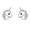 boucles-d-oreilles-licorne-fille-argent-2a.jpg Une paire de boucles d'oreilles en argent avec des zircons roses et noirs en forme de tête de licorne.